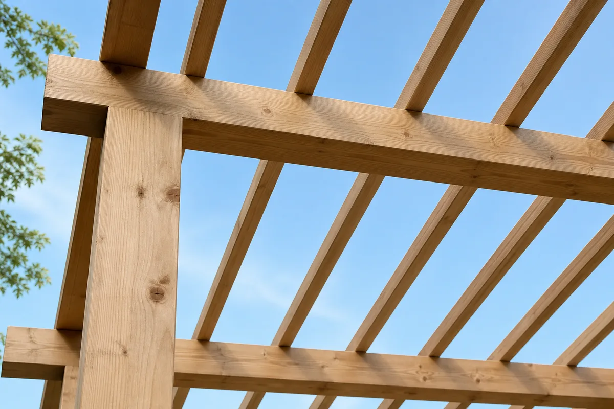 Charpente de pergola en bois clair vue en contre-plongée avant la pose de la couverture
