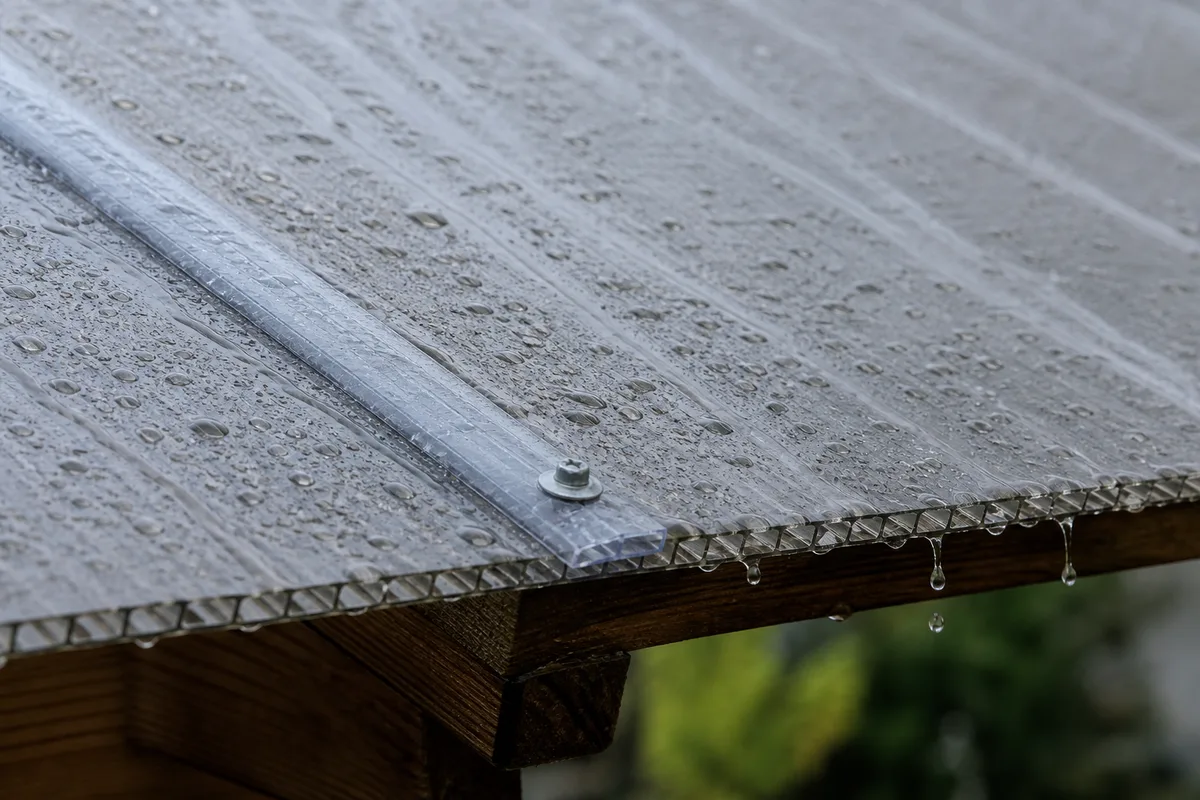 Plaques de polycarbonate alvéolaire posées sur des chevrons en bois, gouttes de pluie sur la surface