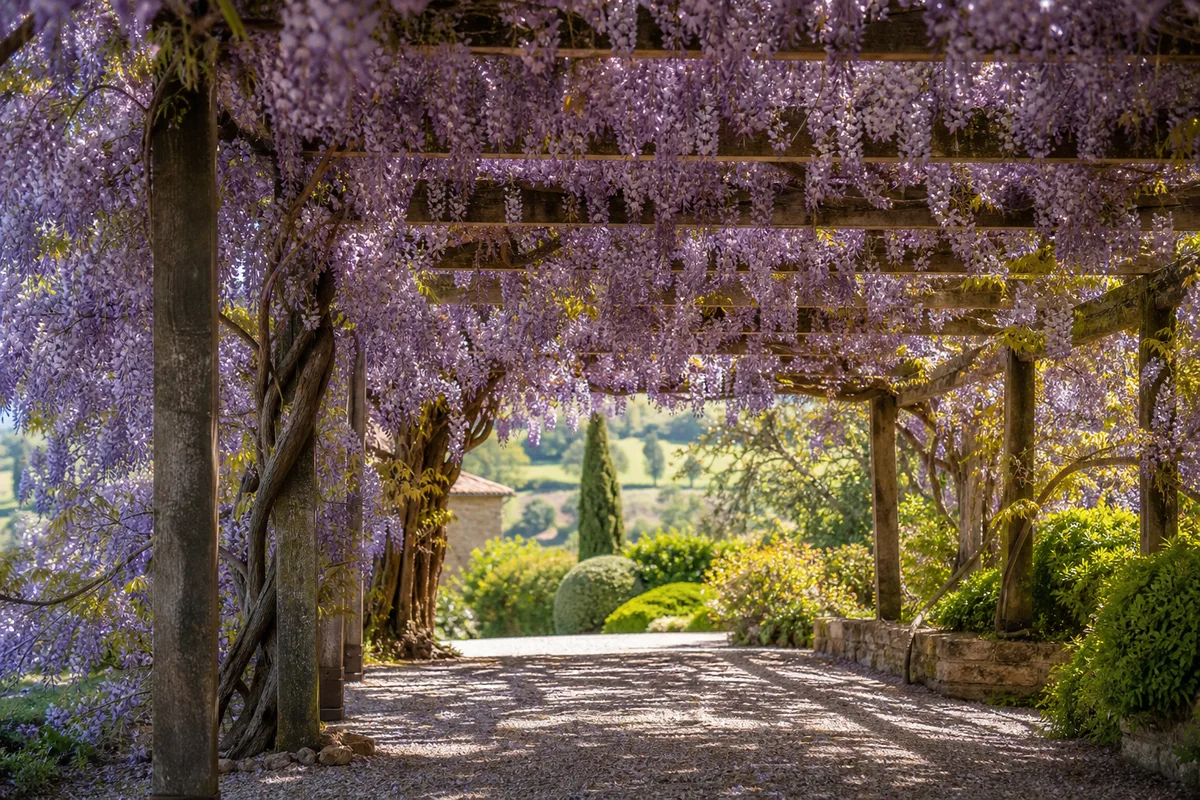 Glycine en fleurs courant sur une pergola en bois, ombre portée sur le sol
