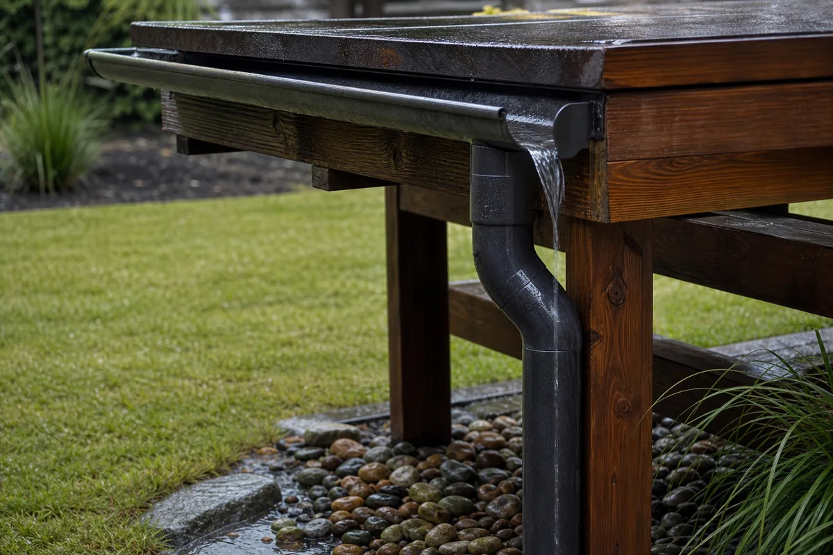 Gouttière en rive basse d’une pergola en bois, eau de pluie s’écoulant vers le sol