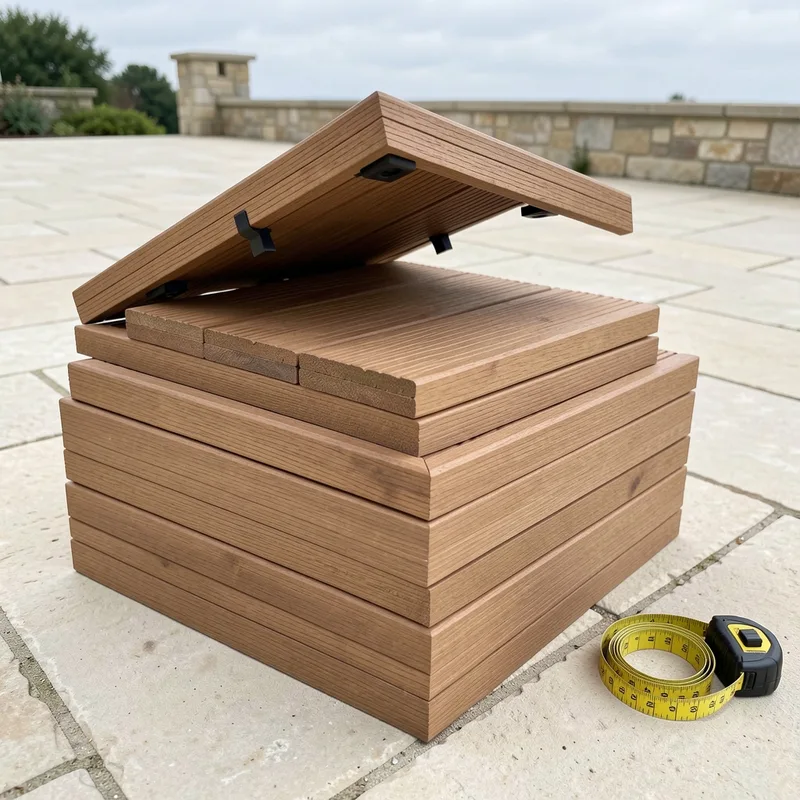 Dalles de terrasse en bois de différents formats empilées sur une terrasse