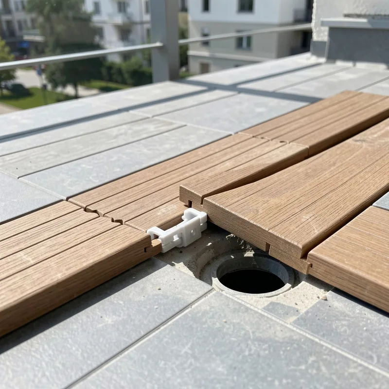 Pose de dalles en bois clipsables sur le sol carrelé d’un balcon
