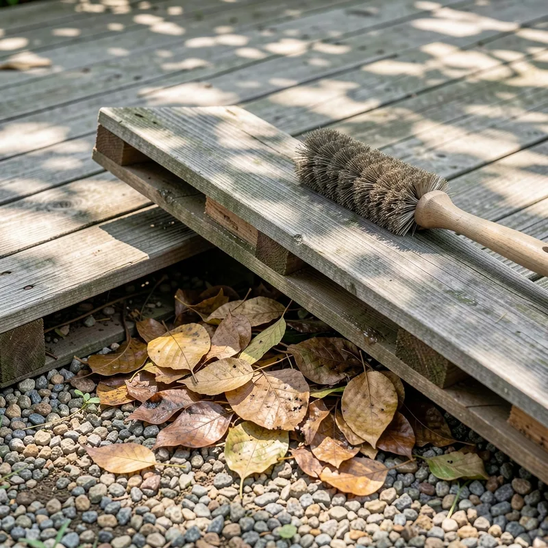 Nettoyage à la brosse d’une dalle de terrasse en bois grisée