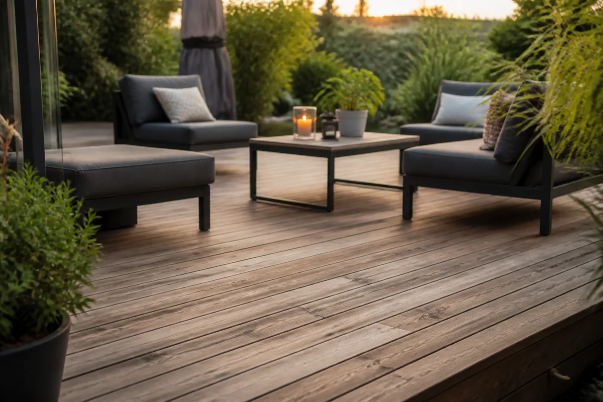 terrasse en bois rénovée avec lames dégrisées et mobilier de jardin en fin de journée