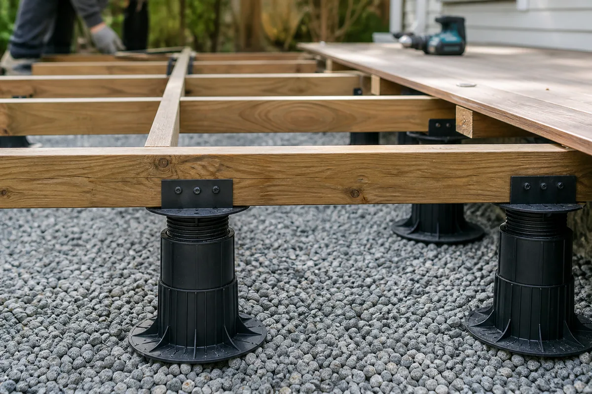 plots réglables et lit drainant sous une ossature de terrasse en cours de rénovation