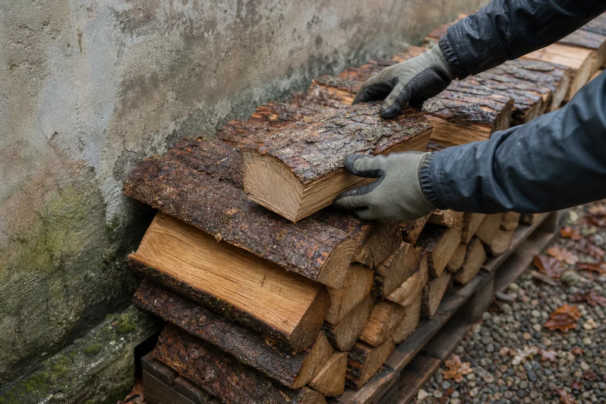 Bûches fendues empilées sous un appentis en bois adossé à un mur en pierre, sol en gravier