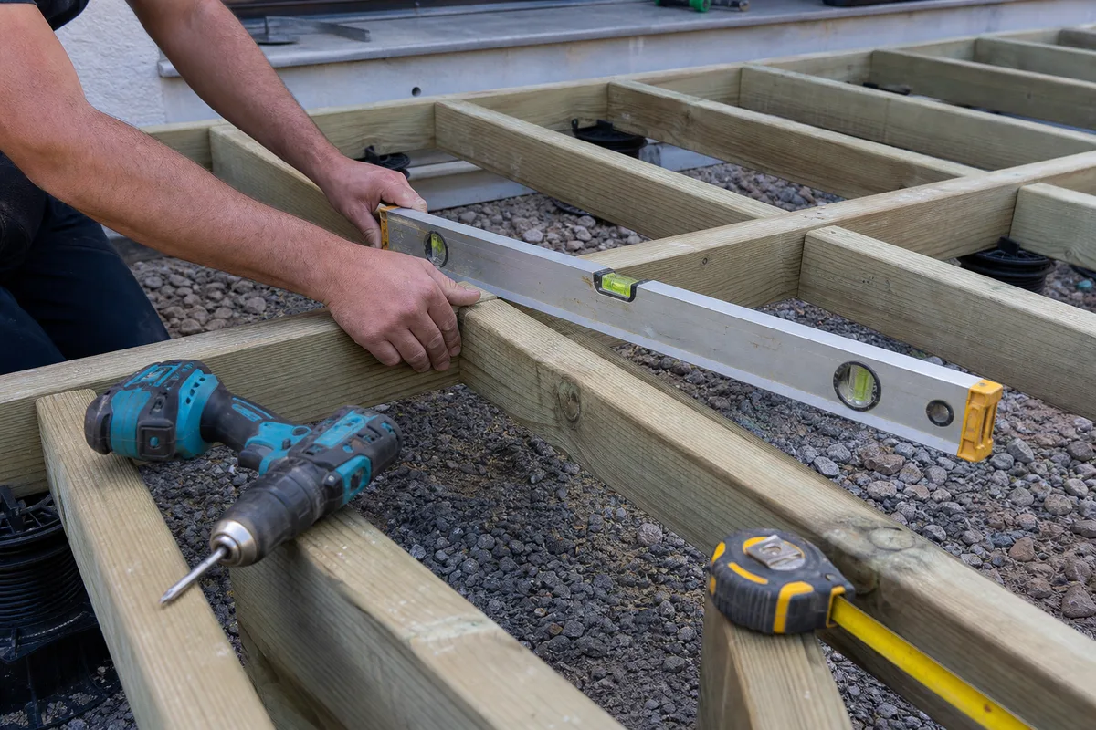 artisan posant des lambourdes de bois sur plots avant la pose d&rsquo;une terrasse