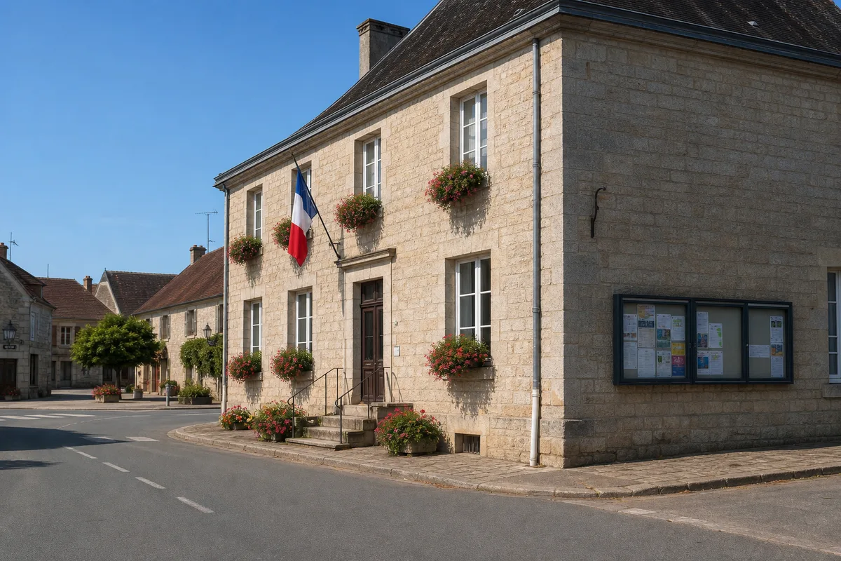 façade de mairie avec panneau d&rsquo;affichage d&rsquo;urbanisme, jardin résidentiel à l&rsquo;arrière-plan