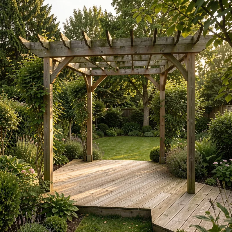 Pergola en bois adossée à une maison, terrasse en lames de bois et jardin verdoyant